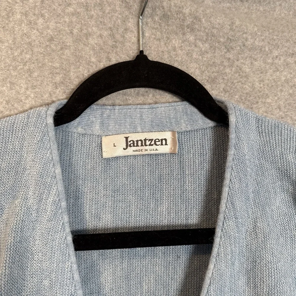 Vintage Jantzen Cardigan Size Large Mens Blue Knit Sweater Pure Wool Made In USA - Picture 7 of 11